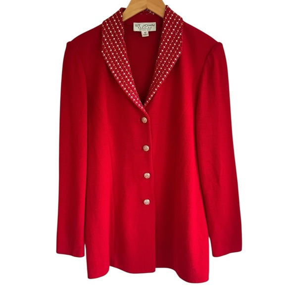 St. John Evening Vintage Crystal Collar Red Knit Jacket - Picture 1 of 15